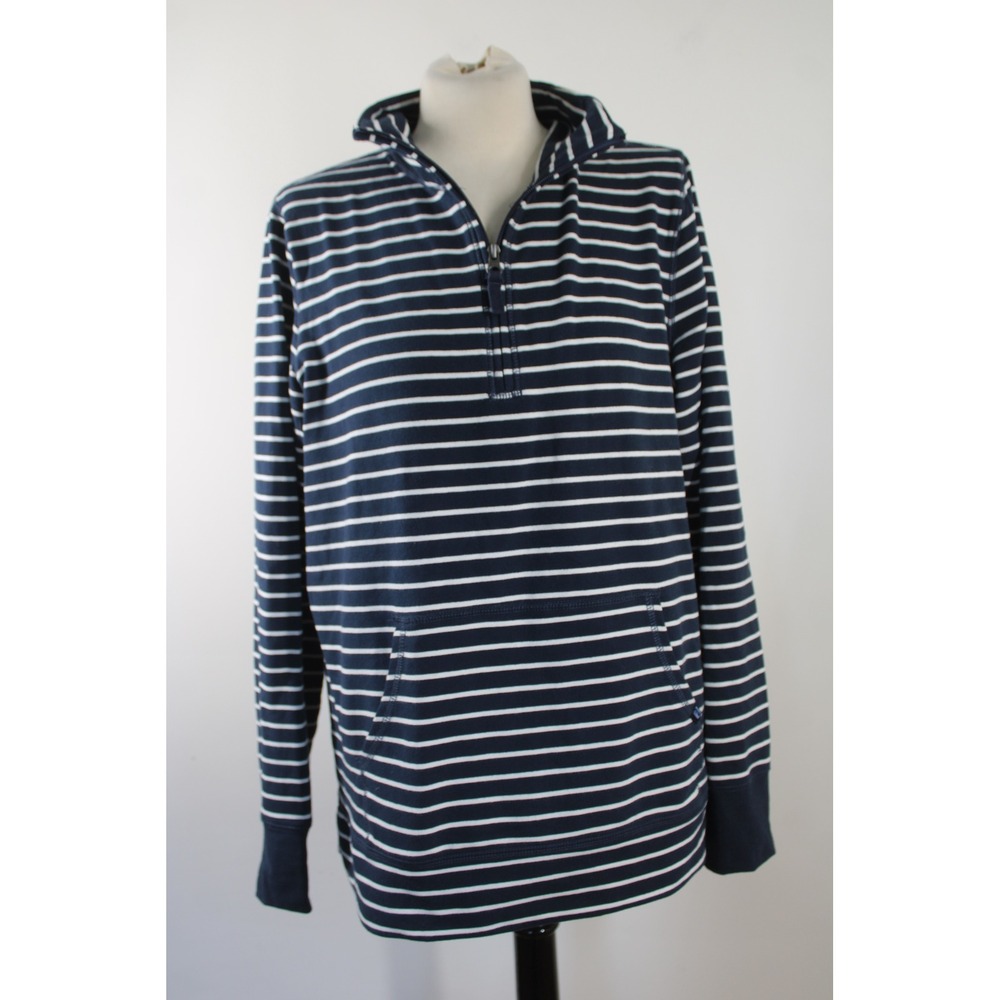L.L. Bean L Navy Blue White Striped Ultrasoft 1/4 Zip Pullover Kangaroo Pocket